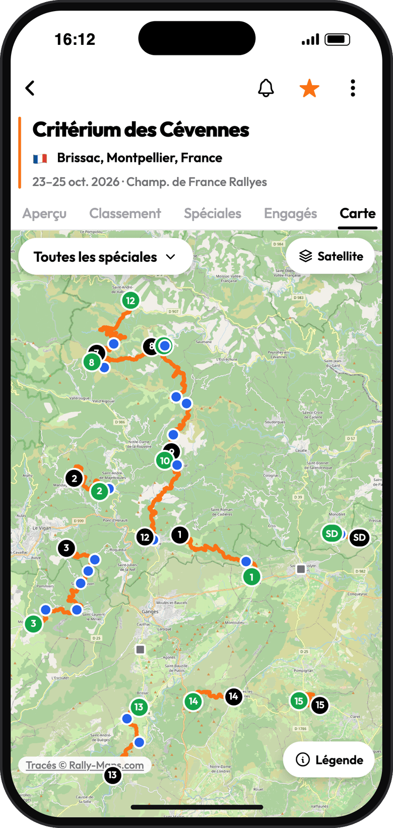 Carte des spéciales avec départs, arrivées et zones spectateurs
