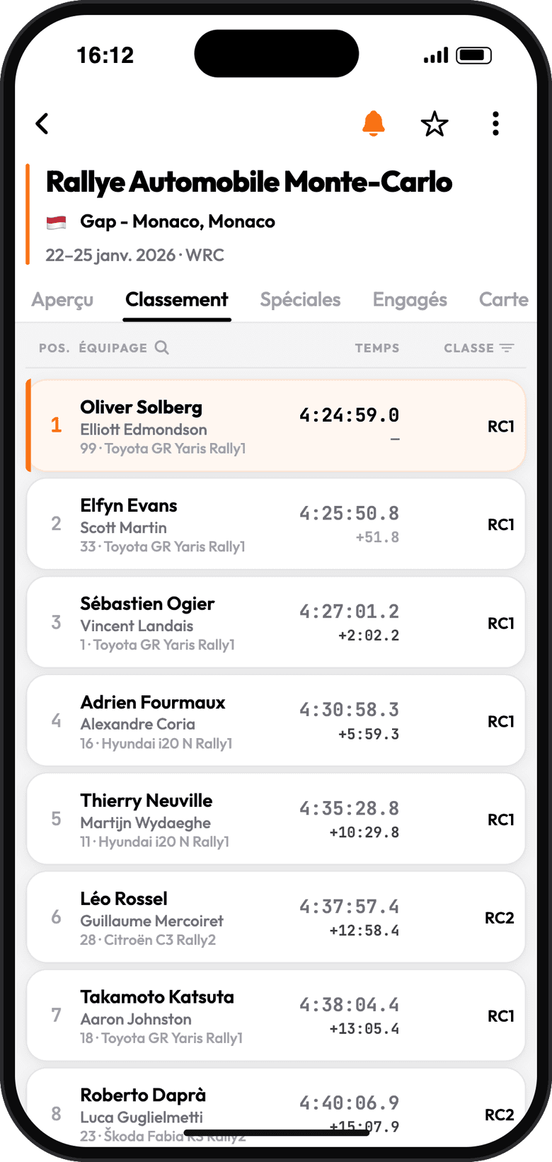 Classement en direct d’un rallye dans Rally-Track