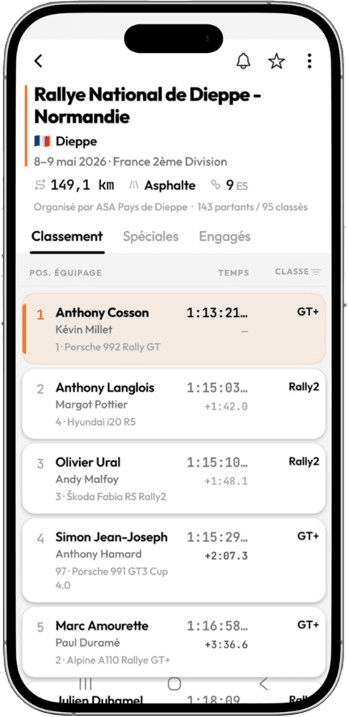 Classement en direct dans Rally-Track