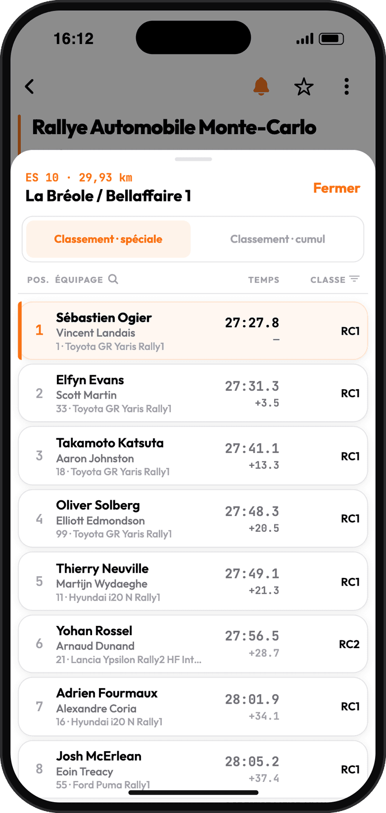 Temps scratch et écarts par spéciale dans Rally-Track